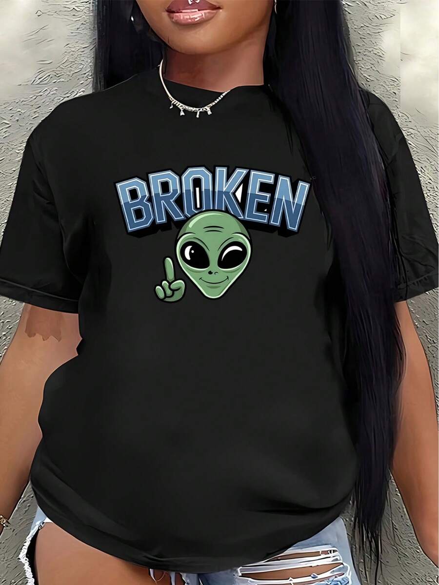 This Lightweight And Durable Short-Sleeved T-Shirt Features A Ripped Alien Pattern Design, Making It Perfect For Wearing At Home, In Restaurants, Or Outdoors, Offering A Comfortable Everyday Wear Experience. - Black - View 1