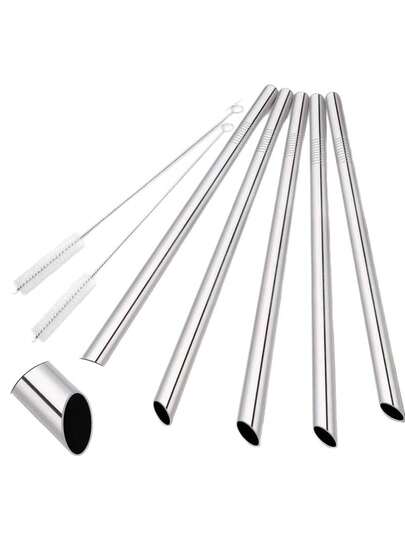 3/7/13pcs Stainless Steel Wide Mouth Angled Reusable Straws Set (9.84inch*0.5inch), Bubble Tea Thick Drinking Straws, Suitable For Coffee, Juice, Beverages, Milk Tea