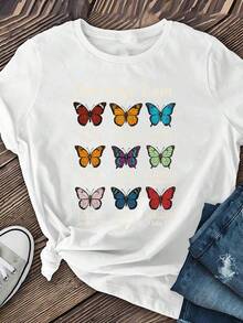 Camiseta Deportiva Casual para Mujer con Ilustraciones Coloridas de Mariposas - Camiseta Blanca Anudada, Elástica y de Cuello Redondo, Lavable aáquina, con Ajuste Cómodo y Perfecta para Todas las Estaciones, para Uso Diario y Actividades Informales. - Blanco - Ver 7