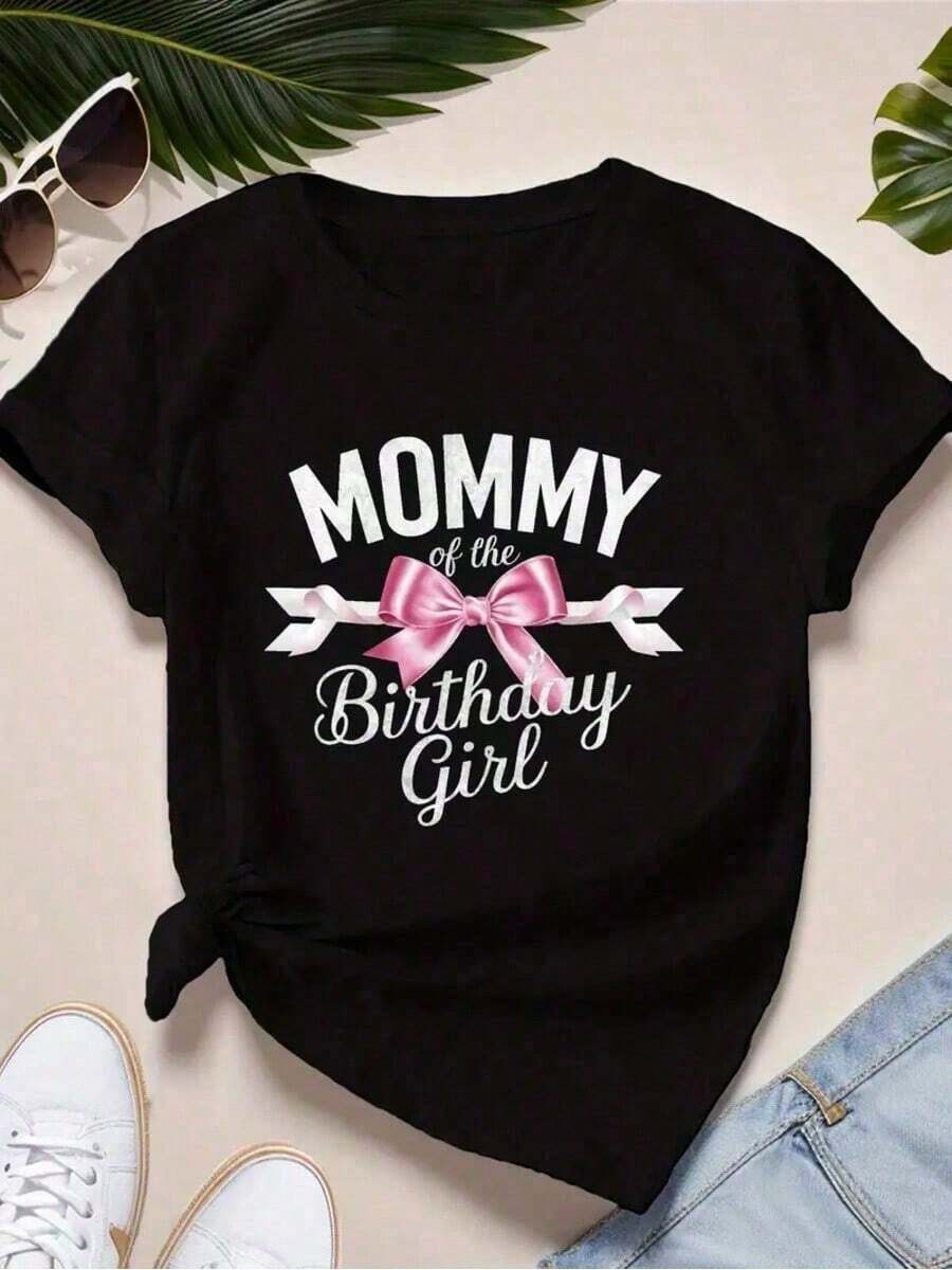 Casual Cotton Black T-Shirt For Women - Birthday Girl's Mom - Round Neck, Short Sleeve, Pink Bow Print. Soft And Breathable Fabric, Perfect For Celebrations. 100% Cotton. Fashion - 黑色 - 查看 1