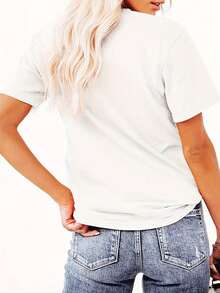 Women's Casual Chic Moon & Cat Graphic Tee - Soft Stretch Polyester, Round Neck Short Sleeve, Machine Washable Summer Top In White With Colorful Floral Design - White - View 3
