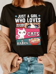 Camiseta de Mujer con Diseño Simple y Versátil de Anime, Gatos y Ramen - Estampado "Solo Amo Anime, Gatos y Ramen", Camiseta Casual de Manga Corta y Cuello Redondo, Ligera para Verano, Lavable a Máquina, Ropa Cómoda, Camiseta con Diseño Divertido, Camiseta de Algodón Transpirable. - Negro - Ver 1