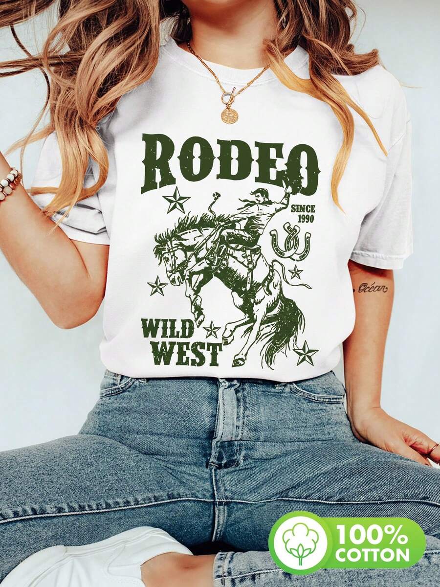 Women's Clothing, Spring And Summer Garments, Women's Blouses, Vintage Style, Cowboy, Horse, Rodeo, Wild West, Versatile, Short Sleeve, Round Neck, Pure Cotton T-Shirt, Women's Shirts. - 白色 - 查看 1
