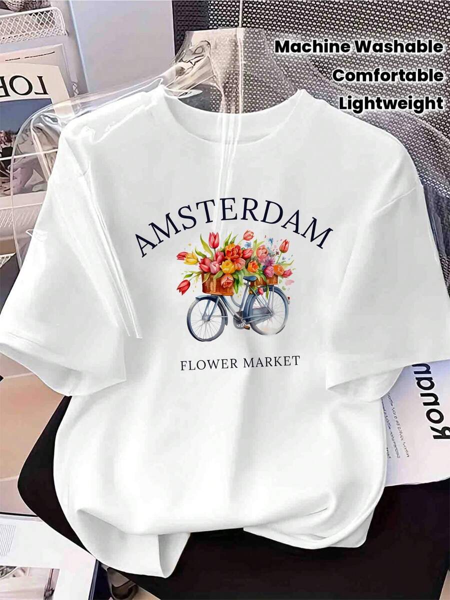 Ropa de mujer: Camiseta de algodón puro con estampado flotante de Amsterdam, de cuello redondo, diseño ligero de fantasía casual para primavera/verano y con una cita icónica. Lavable a máquina, ropa cómoda para uso casual y para fiestas de vacaciones. - Blanco - Ver 1