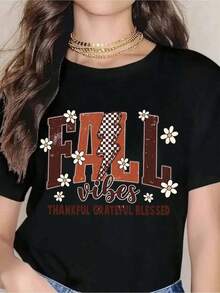 Camiseta Gráfica de Otoño 'Fall Vibes Thankful Grateful' para Mujer, Top Casual de Moda, Ropa de Temporada, Atuendo para el Festival de la Cosecha, Camiseta de Mujer - Negro - Ver 1
