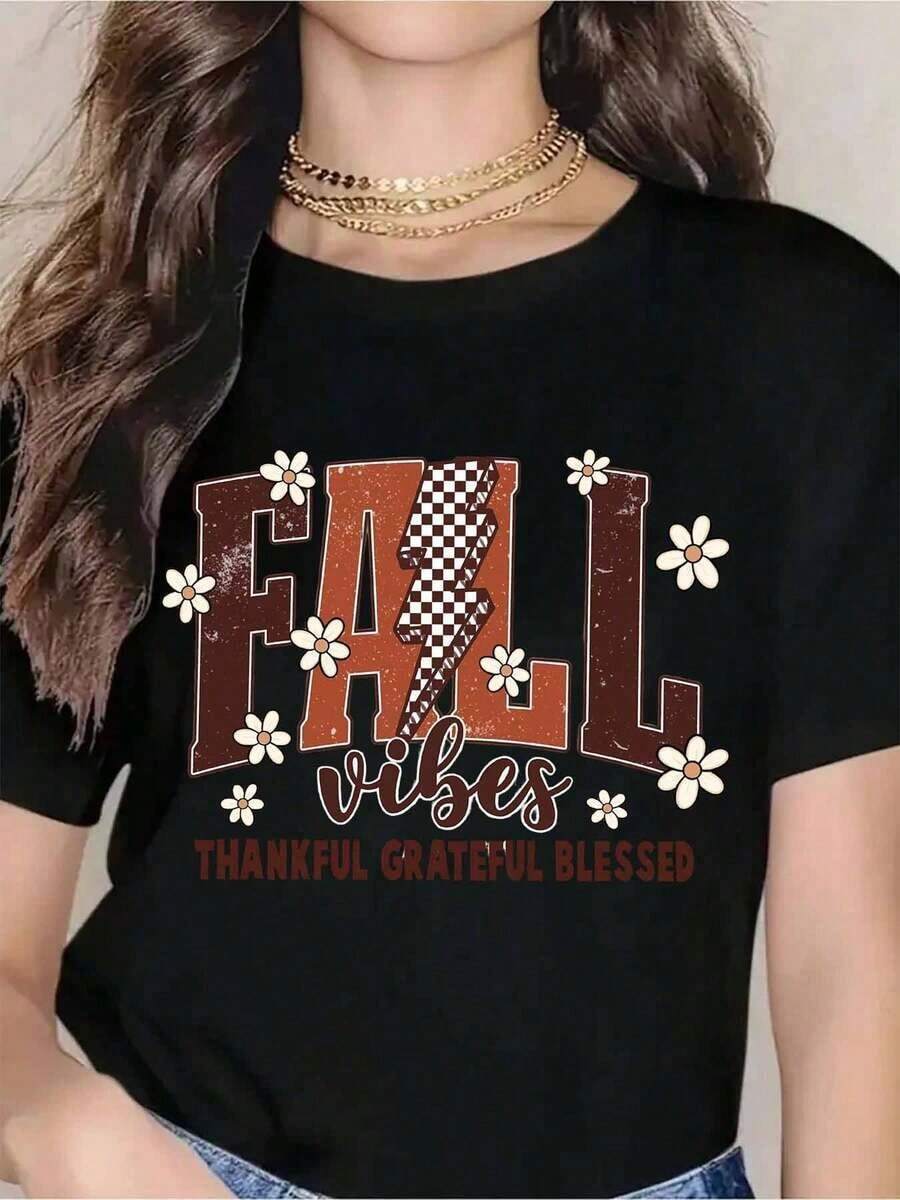 Camiseta Gráfica de Otoño 'Fall Vibes Thankful Grateful' para Mujer, Top Casual de Moda, Ropa de Temporada, Atuendo para el Festival de la Cosecha, Camiseta de Mujer - Negro - Ver 1