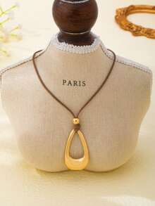 Niche Design Hollow Water Drop Pendant Rope Chain Necklace For Women, Minimalist Adjustable Wax Cord Neck Accessory - Gold - View 5