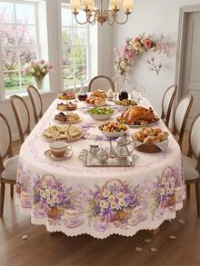 Floral Printed Tablecloth. Polyester Rectangular, Circular, And Oval Tablecloths With Shell Lace Design, Quick Drying, Washable, Suitable For Daily Use, Summer Kitchen Decoration, Wedding Banquets, Outdoor Gardens, Wedding Decorations, Kitchen Dining Rooms, And Seasonal Home Decor. - Multicolor - View 9