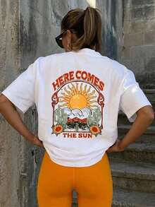 Women's Casual Loose Fit T-Shirt With "Here Comes The Sun" Print, Breathable And Comfortable, Short Sleeve, Round Neck, Retro Desert Sun And Cactus Print, Soft Cotton, Perfect For Everyday Wear And Urban Boho Style - 白色 - 查看 2