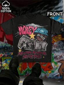 Men's Pure Cotton T-Shirt With Round Neck, Short Sleeves, Casual Summer Style, Suitable For Outdoor Activities And Sports Style, Ideal As A Halloween Gift, Thanksgiving Gift, Christmas Gift, Holiday Gift, Casual Wear, Loose Fit, Breathable Fabric, Soft Material, Printed T-Shirt, Basic T-Shirt, Gift For Men, Elegant Blouses For Women. - 黑色 - 查看 7