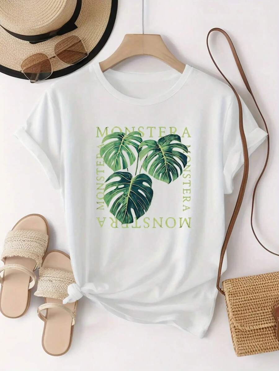 Camiseta casual de verano para mujer, suave, con estampado de la palabra MONSTERA y hojas tropicales - Patrón de plantas en negro y verde, cuello redondo, lavable a máquina, estilo regular, camisa estampada versátil y a la moda, cómoda, imprescindible para los entusiastas de la moda, nuevo artículo de moda de verano, regalo para vacaciones, blusas elegantes para dama. - Blanco - Ver 1