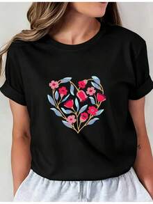 Soft, Casual Short-Sleeved Crew Neck T-Shirt For Women, Ideal For Valentine's Day, With A Pink Floral Heart Print, The Perfect Choice For Spring And Summer. I01 Casual Crew Neck T-Shirt, Comfortable Women's Clothing, Elegant Blouses For Ladies. - 黑色 - 查看 7