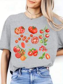 1 Tomato Print T-Shirt, Fruit T-Shirt, Garden Picnic T-Shirt, Tomato Lover T-Shirt, 180g 100% Cotton. - 白色 - 查看 7