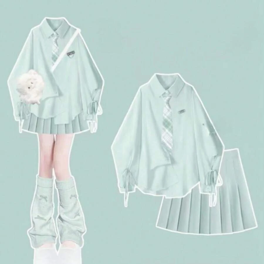 Women Two-Piece Outfits - Green Shirt + Green Tie + Green Skirt - View 1