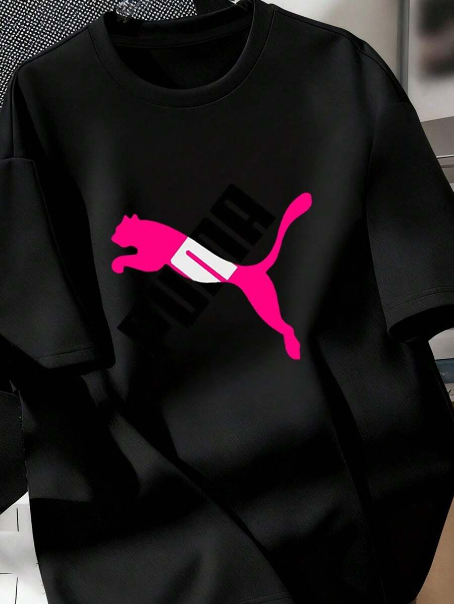 Local Shops, Men's Shirts, Men's Clothing, 180G Black And White Logo T-Shirt, Pink And Black Print, High Quality Print, Crew Neck, Basic Loose Fit, For Men And Women, Breathable, Versatile, Machine Washable, Comfortable, Sizes S ~ 2XL, Daily Wear, Casual, Sporty, Summer Essential. - 黑色 - 查看 1