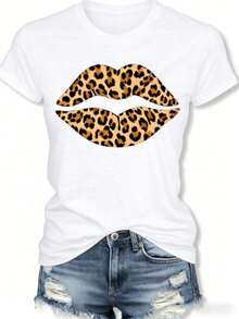 Women's Short Sleeve T-Shirt, New And Fashionable 2026 - Leopard Lips Print T-Shirt, Casual Crew Neck, Soft And Stretchy Fabric, Machine Washable, Fashionable Summer Top, Clothing, Custom T-Shirt, Comfortable And Fitted, Gift For Easter And Mother's Day, Streetwear. DRGK - 白色-1 - 查看 1