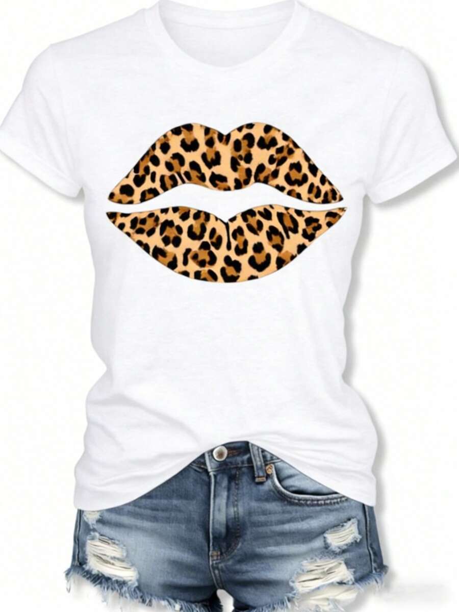 Women's Short Sleeve T-Shirt, New And Fashionable 2026 - Leopard Lips Print T-Shirt, Casual Crew Neck, Soft And Stretchy Fabric, Machine Washable, Fashionable Summer Top, Clothing, Custom T-Shirt, Comfortable And Fitted, Gift For Easter And Mother's Day, Streetwear. DRGK - 白色-1 - 查看 1