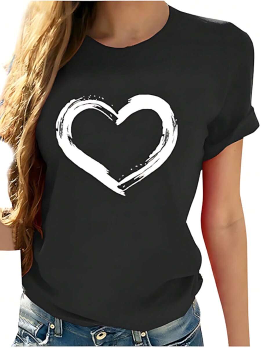 Women's Short Sleeve T-Shirt With Heart Print, Short Sleeve T-Shirts, Round Neck T-Shirts, Lightweight T-Shirts - 黑色 - 查看 1