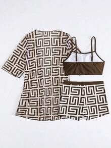 Conjunto de playa de 3 piezas: Top de bikini corto negro, kimono de malla y shorts para mujer - Café integral - Ver 4