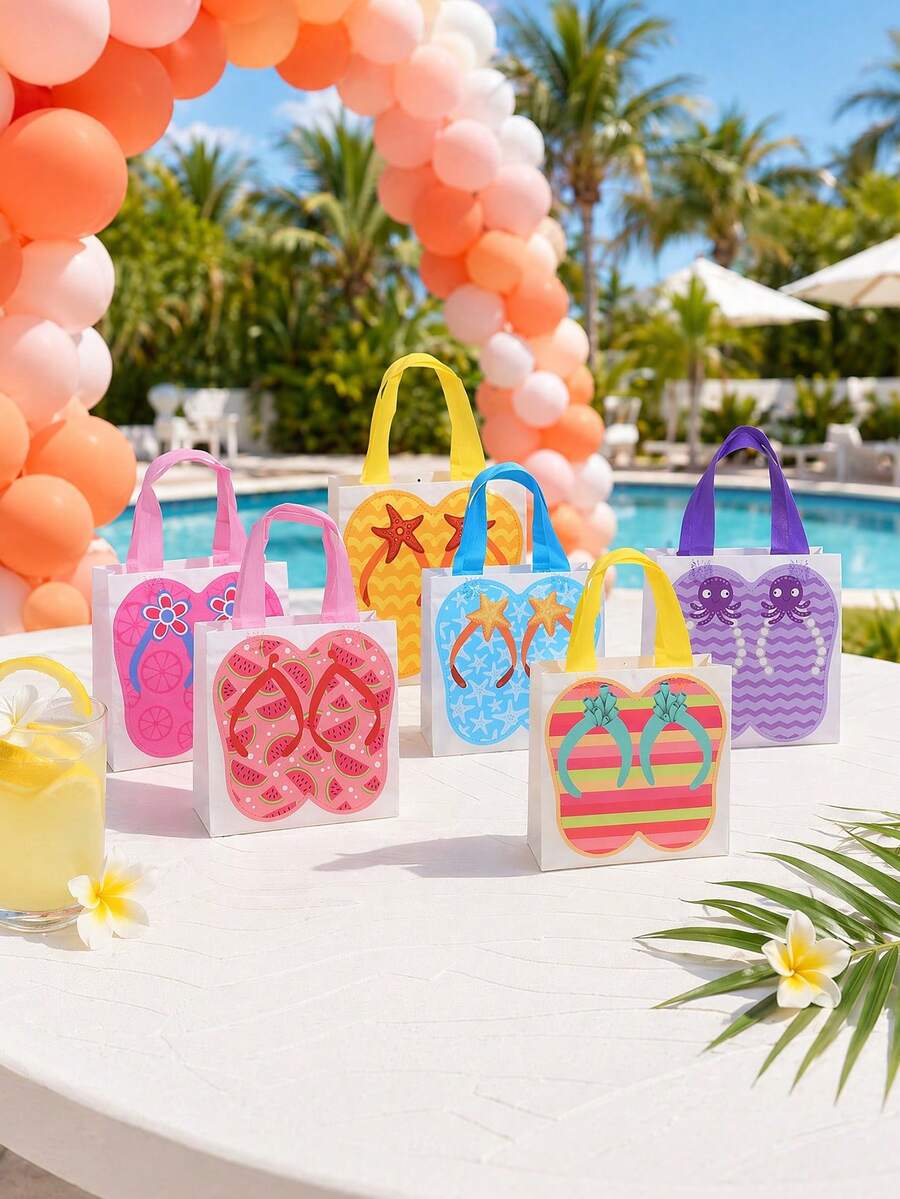 10pcs Hawaiian Beach Tote Bags - Non-Woven Fabric Summer Party Gift Bags With Handles, Tropical Style Flip-Flops And Starfish Pattern, Suitable For Birthday Parties, Pool Party Decor, Vibrant Colors, Pool Gift Bags | Theme Party Bags | Sturdy Handles, Beach Accessories, 1/5/10pcs - A - View 1