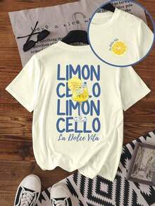 1pcsCamiseta de manga corta con estampado de letras de limón casual de verano , suelta y cómodacool - Blanco - Ver 5