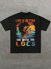 1 Black Hair Culture Brand T-Shirt, With "Pretty Girls Got It Loc'd" Graphic Print, Afro-Centric Fashion T-Shirt, Casual Print, Comfortable And Versatile, Letter Pattern Printed T-Shirt In 180g Pure Cotton, 100% Cotton. - 黑色 4 - 查看 11