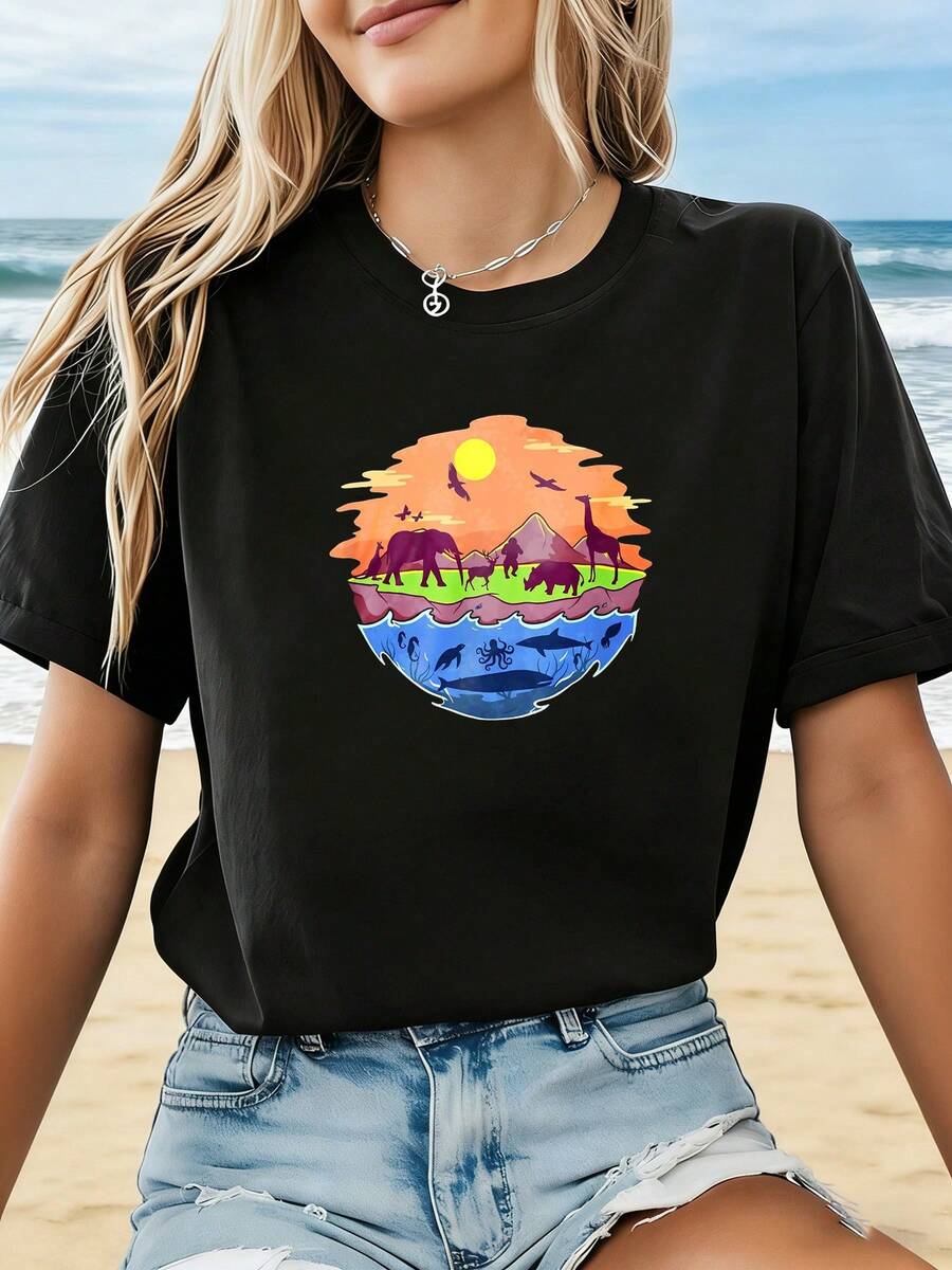 Women's Plus Size Essential Casual T-Shirt With Natural And Wild Style And Animal Print, Spring/Summer, For Outdoor Adventures, Zoo/Aquarium, Unique Style, Short Sleeve, For Travel, Photos, Casual Atmosphere, Soft Cotton, Everyday Wear - 黑色 - 查看 1
