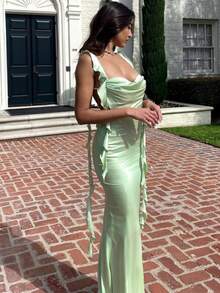 Vestido largo con tirantes de encaje, espalda descubierta, volantes y cintas flotantes estilo - Verde - Ver 1