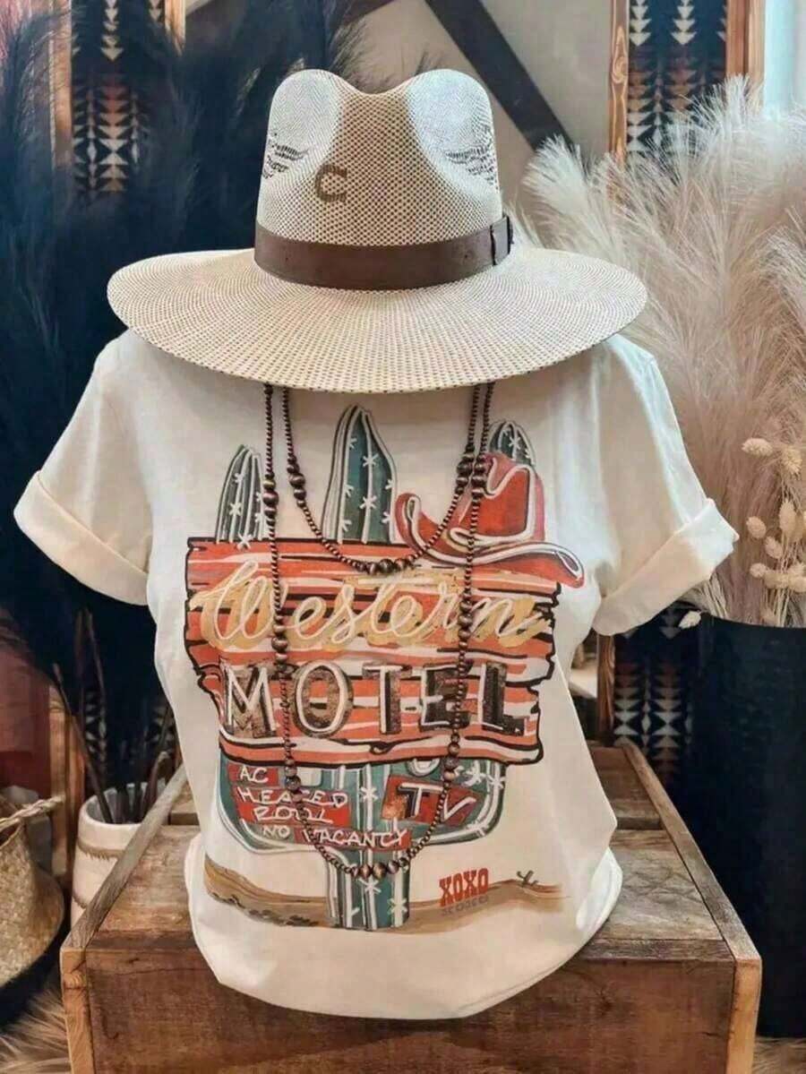 Women's Clothing [Sports T-Shirt] Women's Vintage Western Print T-Shirt - Soft And Breathable Cotton, Essential For Everyday Wear And Theme Parties - White Top With Nostalgic Motel Design - Machine Washable, Everyday Essential, Summer Party Outfit | Relaxed Fit | Plus Size Women's Shirts - 白色 - 查看 1