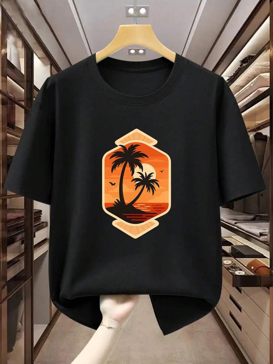 Camiseta de Talla Grande para Hombre, 100% Algodón, Manga Corta, Estampado Retro de Palmeras al Atardecer, Cómoda y Casual para el Verano - Negro - Ver 1