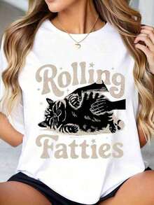 Premium Heavyweight WeStyle Hub St. Patrick's Day Set, 1 Piece Crew Neck T-Shirt With 'Rolling Fatties' Cat Graphic Print For Casual Wear, Women's T-Shirts With Interesting Design, Comfortable And Casual Short Sleeve T-Shirts For Sports, Gift Set, Confidence Boosting Set, 100% Cotton, Must-Have Gift Idea - 白色 - 查看 1