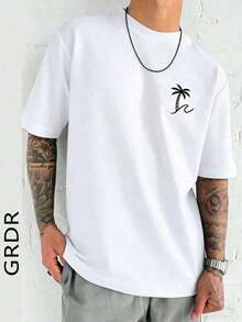 Camiseta de manga corta con cuello redondo y estampado de palmeras de moda para hombres GRDR, casual y - Blanco - Ver 7