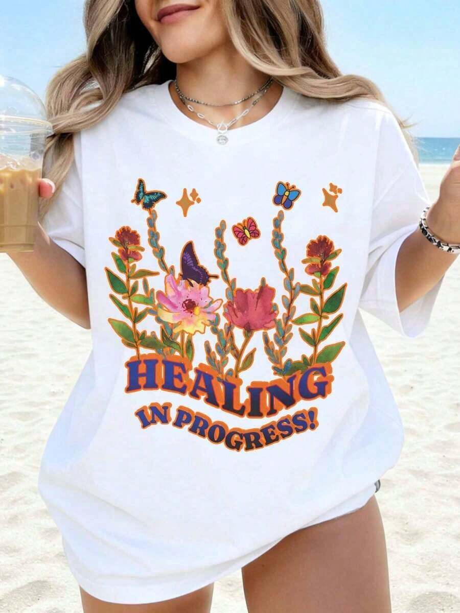 Women's Cotton T-Shirts, "Healing In Progress" Butterfly Floral Print T-Shirt, Women's Summer T-Shirt, Casual Beach Style, Plus Size, Fashion Top, Women's Basic Blouses. - 白色 - 查看 1
