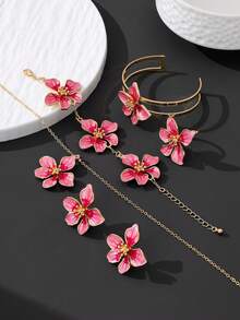 Bộ trang sức mùa hè dành cho nữ: 1 dây chuyền mặt dây hoa nhuộm màu chuyển sắc thủ công, 1 đôi bông tai, 1 nhẫn, 1 vòng tay, 1 lắc tay - Phong cách nghỉ dưỡng thanh lịch - Hồng - Xem 4
