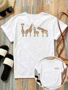 New 180g Short-Sleeved T-Shirt, % Cotton, With Giraffe Print On The Front And Back, Animal Print - Fashionable Printed T-Shirt For Women, Spring/Summer, Suitable For All Seasons,  Clothing - Can Be Worn As A Base Layer In Spring And Autumn Or Alone In Summer, Unisex. - 白色 - 查看 1