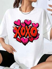 Xoxo Love Hearts Graphic T-Shirt For Women, Casual Style, Plus Size, Valentine's Day Gift For Her, Urban Fashion Top - 白色 - 查看 1