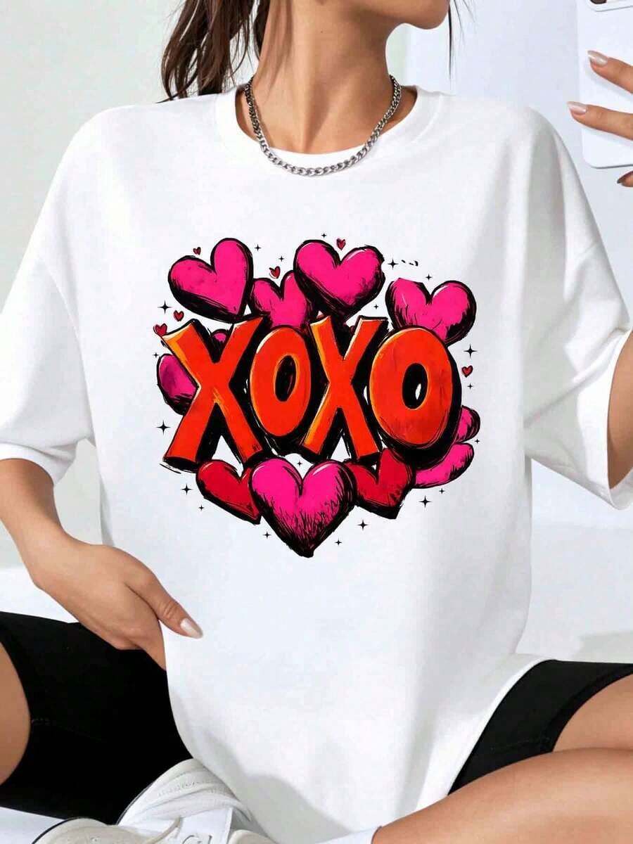 Xoxo Love Hearts Graphic T-Shirt For Women, Casual Style, Plus Size, Valentine's Day Gift For Her, Urban Fashion Top - 白色 - 查看 1