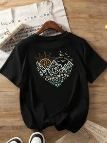 Printed T-Shirt With Front And Back Designs, Adventure Travel Motif, Mountain, Short Sleeve, Round Neck, Modern And Fashionable Casual Style, Double-Sided Print Short Sleeve T-Shirt For Women. - 黑色 - 查看 2