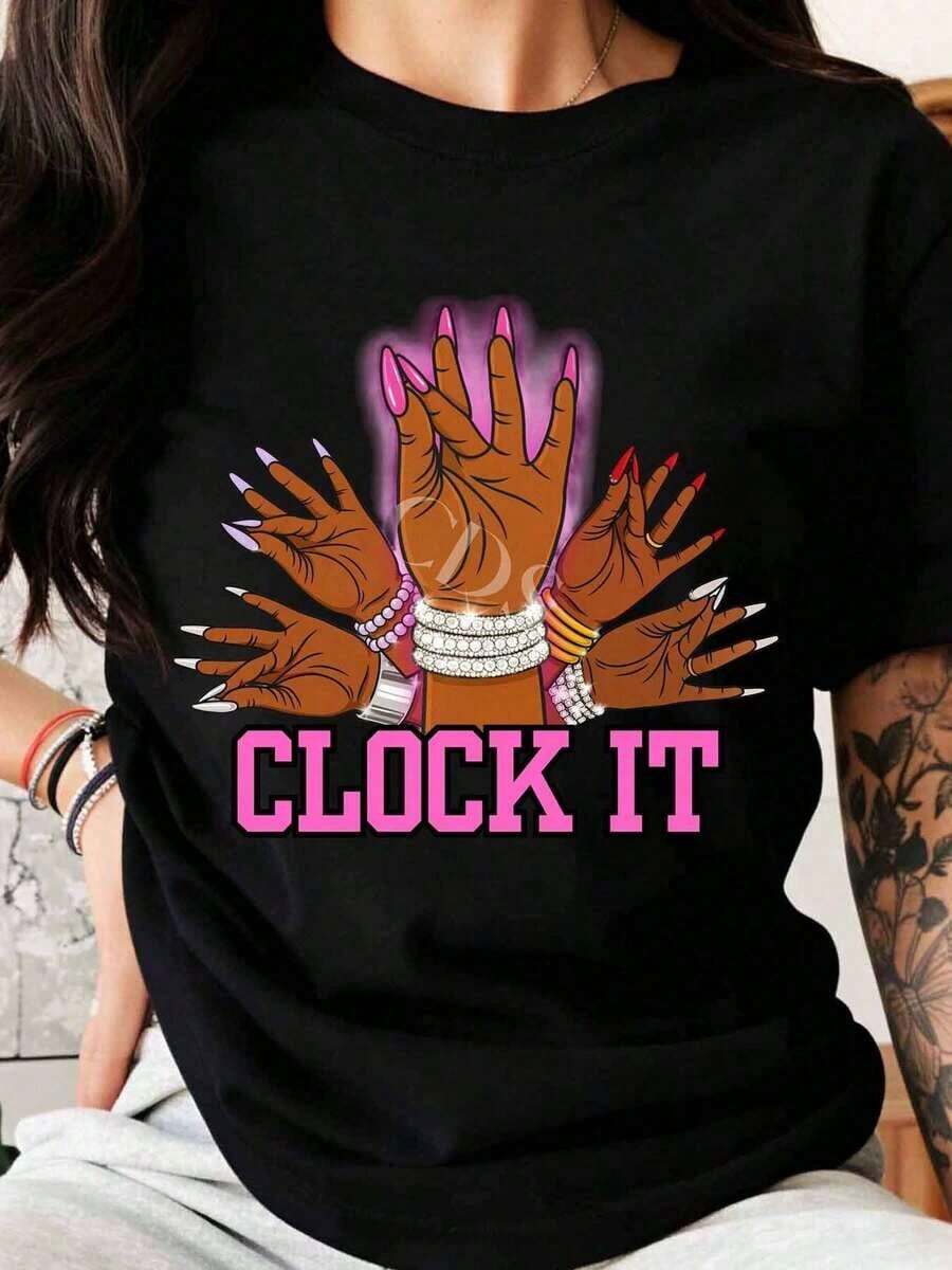 Limited Time Offer, Limited Quantity Available, Lightning Bolt, Women's Shirts, Women's T-Shirts. Women's Casual T-Shirt With Hands And Clock Design. Ideal For Everyday Wear And For The Summer Season. Perfect Gift For Friends And Family. - 黑色 - 查看 1