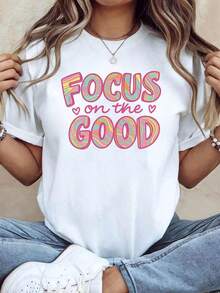 Women's Graphic T-Shirt, Casual T-Shirt With Colorful Stripe Print 'FOCUS On The GOOD', Comfortable Fit, Round Neck, Floral And Heart Details, Casual Style, Perfect For Everyday Wear, Ideal For Lounging Or Going Out. - 黑色 - 查看 6