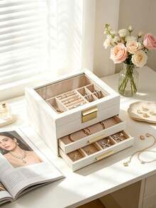 1pc Large Capacity Multi-Layer Jewelry Box With Transparent Skylight, Open Window Style Jewelry Organizer Box, Anti-Oxidation For Rings, Earrings, Necklaces, Cream Color, Ins Style, Jewelry Storage Holder For Dresser, Tabletop, Gift For Girlfriend, Best Friend, Birthday, Travel, Portable Jewelry Organizer, Velvet Lining, Anti-Scratch - Multicolor - View 5