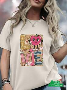 Women's Round Neck T-Shirt With Letter And Anime Print, Simple Design, Comfortable And Breathable, Suitable For Sports, Casual And Everyday Wear, A Must-Have For Summer Parties, Local Shipping, With Anthropomorphic Apple Heart Sticker - Unisex Loose Cotton Short Sleeve Round Neck T-Shirt, Urban Vintage Style. - 杏色 - 查看 7