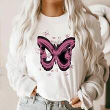 Women's Basic White T-Shirt With Dreamy Butterfly Print, Loose Fit, Short Sleeve, Casual Style For A Daily Look - Vintage Urban Style, Unisex Cotton T-Shirt With Round Neck And Short Sleeve. - 白色 - 查看 1