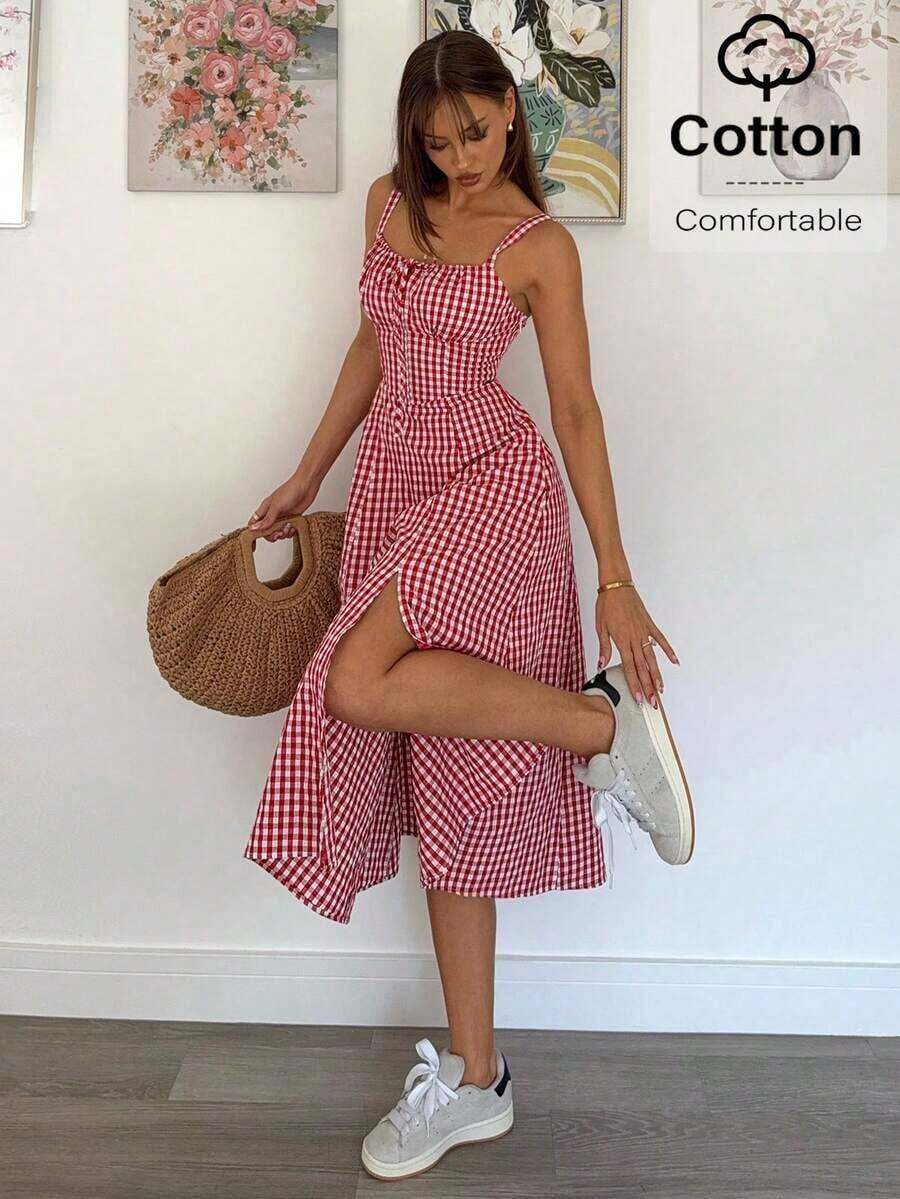 Vestido a media pantorrilla con tirantes a cuadros para mujeres, de moda y apropiado para el verano - Rojo y blanco - Ver 1