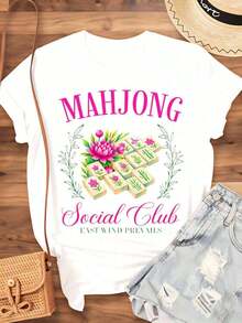 Women's Mahjong Social Club Floral Design T-Shirt "The East Wind Prevails", Casual Game Night Wear, Gift Idea For Mahjong Lovers, 220g - Urban Vintage Style, Unisex 100% Pure Cotton T-Shirt, Short Sleeve And Round Neck. - 白色 - 查看 4