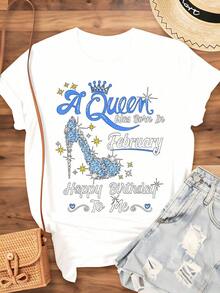 A Queen Was Born In February, "Happy Birthday To Me" T-Shirt, Birthday Gift For Her, February 2024 Birthday T-Shirt, Queen Crown And Heel Design For Women, 220g - Vintage Urban Style, Unisex Loose Fit Short Sleeve Crew Neck Cotton T-Shirt, 100% Pure Cotton - 白色 - 查看 4