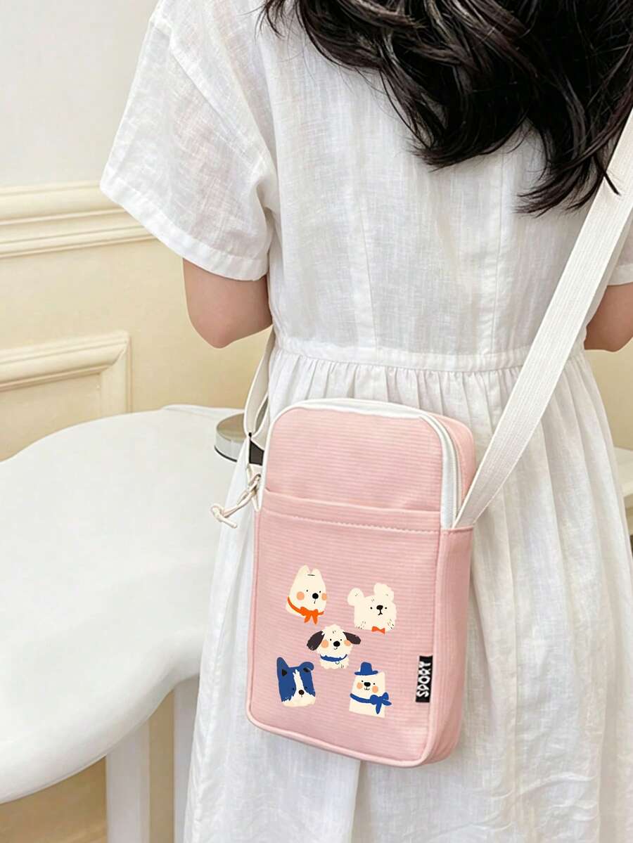 Healing Cartoon Dog Print Phone Bag With Adjustable Shoulder Strap Crossbody Bag, Multiple Colors Available, Fashionable Small Square Bag With Soft Cute Artistic Style, Macaron Color Matching, Meets Different Scene Outfit Needs. Compact And Lightweight Body, Yet Easy To Store Inside - Multicolor - View 1