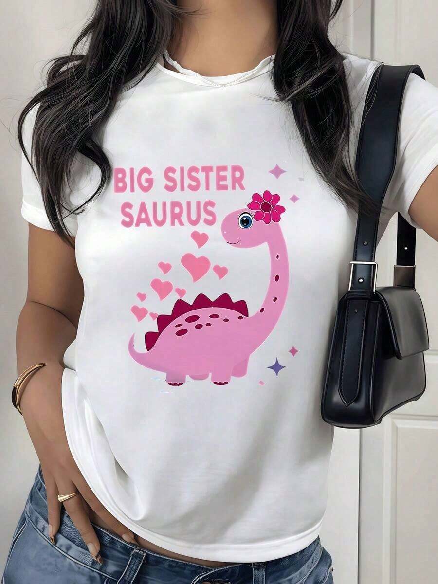 100% Cotton With Digital Print Pink Dinosaur With Hearts. Women's T-Shirt With Round Neck, Fun Big Sister Theme, 220 Grams, 1 Unit. 100% Cotton, Cheerful Style, Casual Design. Women's Simple Solid Color T-Shirt, Loose And Slim Fit Casual Short Sleeve - 白色的 - 查看 1