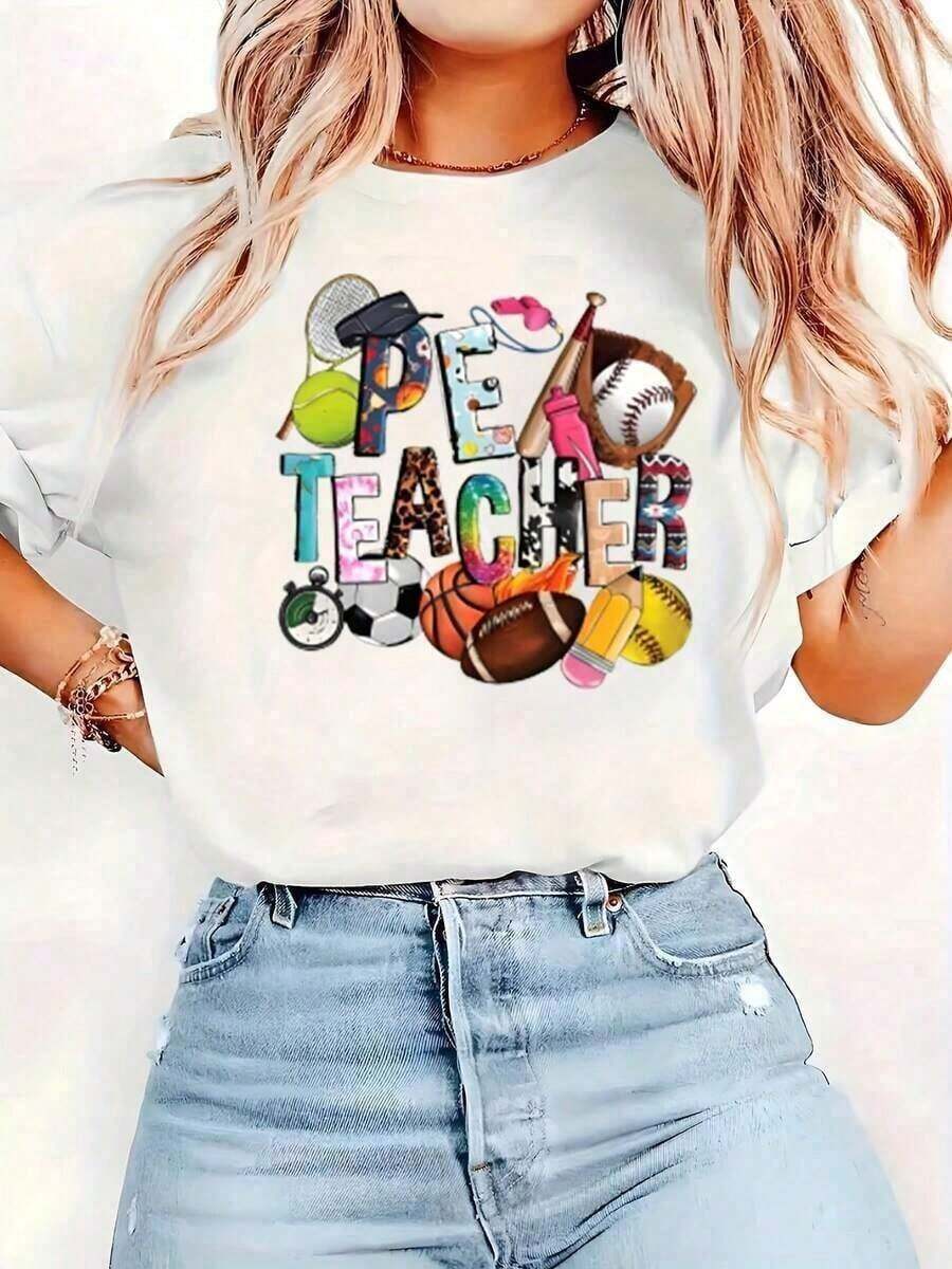 Women's Casual Short Sleeve Crew Neck T-Shirt With Physical Education Teacher Print And Sports Graphics, Perfect For Teachers And Sports Activities, Everyday Wear. - 白色 - 查看 1