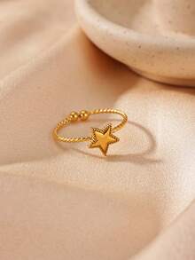 1 pieza Anillo vintage de estrella y luna para mujer, chapado en oro de 18K, acero inoxidable con diseño de estrella y luna, anillo de pareja para boda y fiesta, regalo de joyería - Multicolor - Ver 11